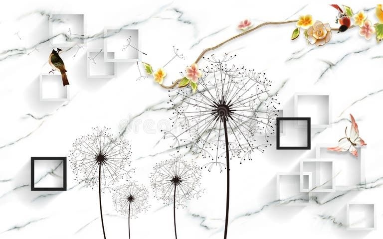  «آرامش رو به دیوار خونه‌ت بیار پوستر دیواری سه بعدی قاصدک و سنگ مرمر وال‌یو www.wallu.ir پرفروش‌ترین طرح مینیمال و لوکس 