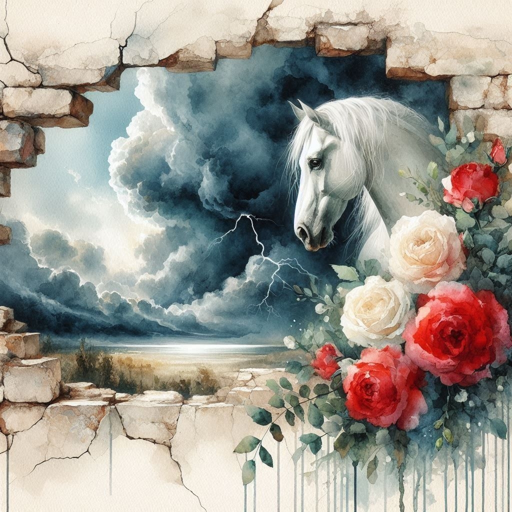 پوستر دیواری سه بعدی اسب سفید در طوفان با رزهای قرمز و سفید – ترند پاییز ۱۴۰۴ والیو مناسب اتاق نوجوان، باشگاه، آتلیه و