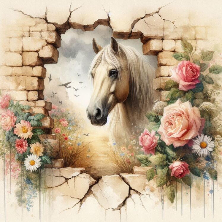 پوستر دیواری سه بعدی اسب سفید در دیوار شکسته با گل‌های رز – جدیدترین و جادویی‌ترین طرح ۱۴۰۴ وال‌یو مناسب اتاق دخترونه، آ