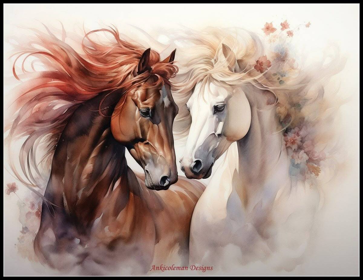  پوستر دیواری دو اسب عاشق با یال‌های گل‌دار – جدیدترین و عاشقانه‌ترین طرح ۱۴۰۴ وال‌یو مناسب اتاق خواب عروس، پذیرایی لوکس 