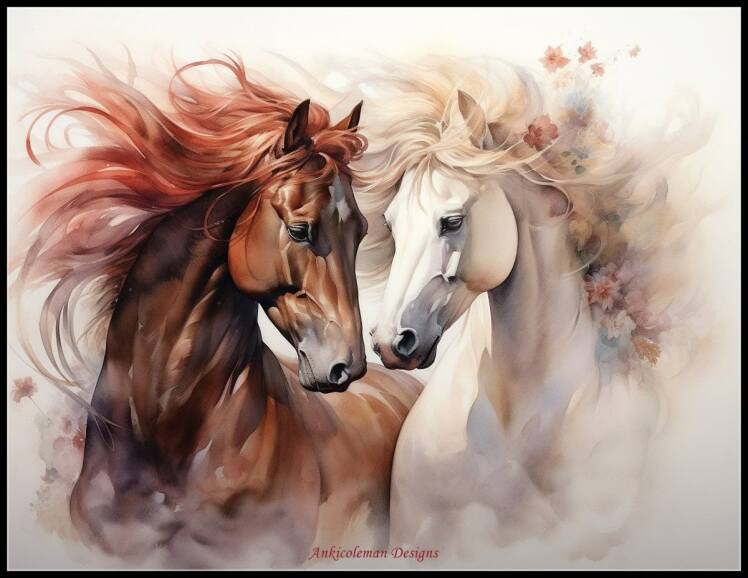 پوستر دیواری دو اسب عاشق با یال‌های گل‌دار – جدیدترین و عاشقانه‌ترین طرح ۱۴۰۴ وال‌یو مناسب اتاق خواب عروس، پذیرایی لوکس 