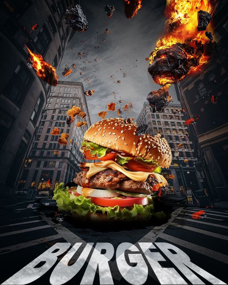  «وقتی آخرالزمان می‌رسد… فقط برگر می‌مونه! پوستر دیواری سه بعدی برگر غول‌پیکر در شهر در حال نابودی مناسب فست‌فود، برگرفرو 