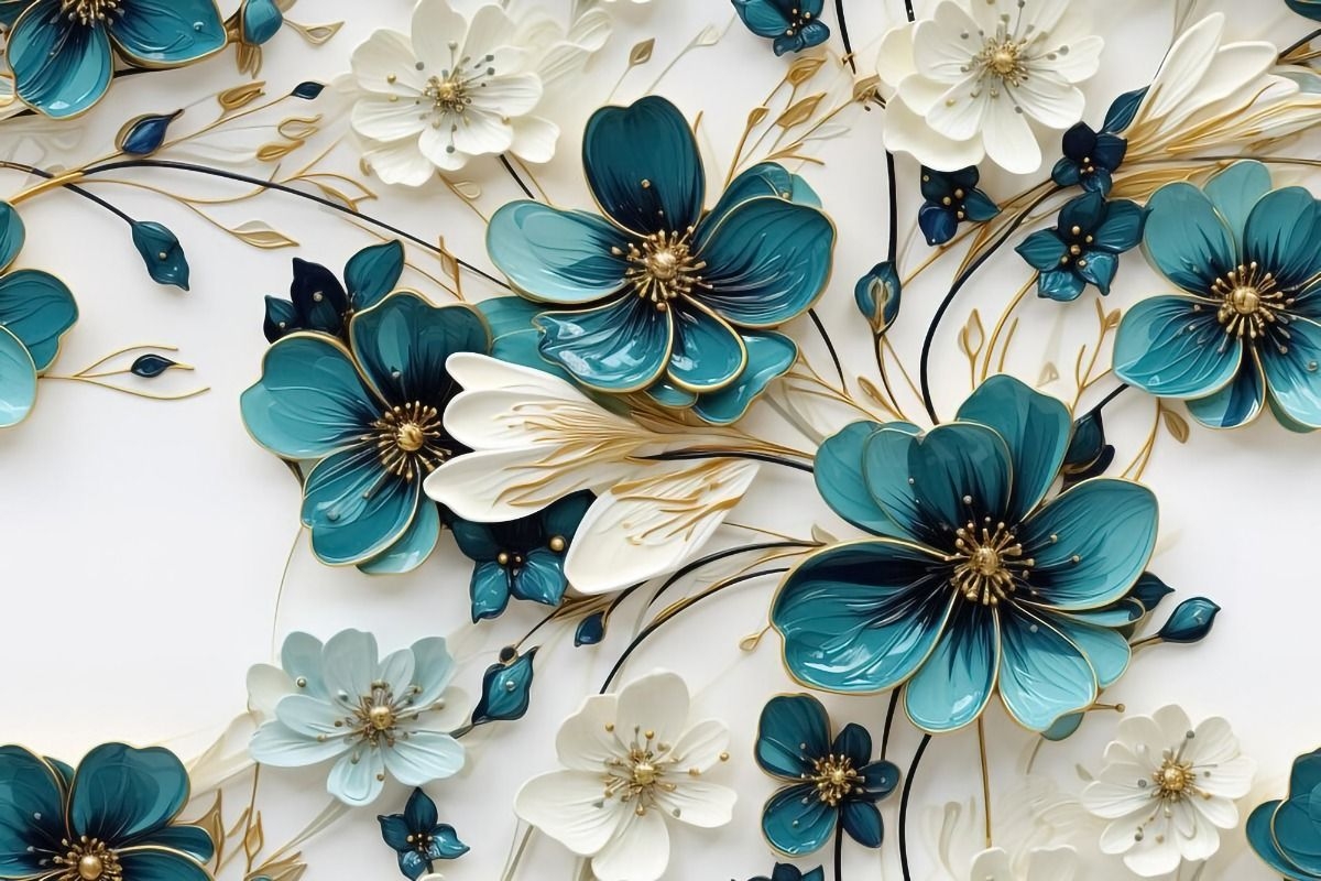  این پوستر دیواری گل‌های فیروزه‌ای وال یو دقیقاً همان چیزی است که فضای خانه‌تان را متحول می‌کند! ترکیب رنگ فیروزه‌ای، سفی 