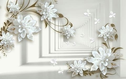  پوستر دیواری سه‌بعدی گل‌های سفید، بهترین گزینه برای بزرگ‌تر و روشن‌تر دیده شدن فضاست. جزئیات برجسته، کیفیت HD، رنگ ثابت 