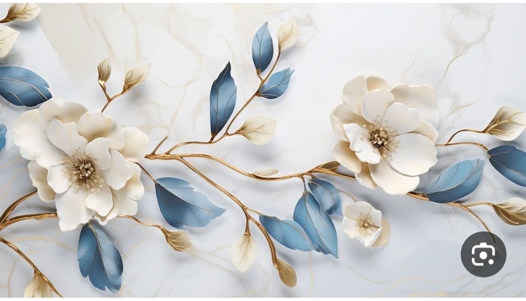  «فقط یه دیوار کافیه تا خونه‌ت لوکس بشه پوستر دیواری سه بعدی گل سفید و آبی فیروزه‌ای با شاخه طلایی وال‌یو www.wallu.ir پر 