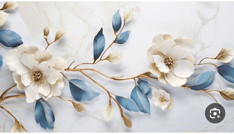 «فقط یه دیوار کافیه تا خونه‌ت لوکس بشه پوستر دیواری سه بعدی گل سفید و آبی فیروزه‌ای با شاخه طلایی وال‌یو www.wallu.ir پر