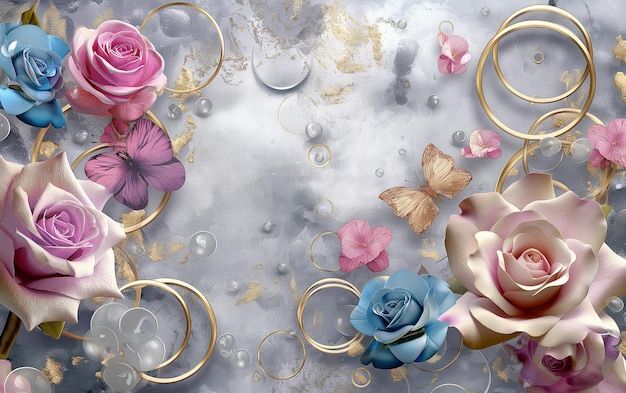 پوستر دیواری سه‌بعدی گل‌های رز و حلقه‌های طلایی از کالکشن لاکچری وال یو – www.wallu.ir ترکیب گل‌های لطیف، رنگ‌های پاستل
